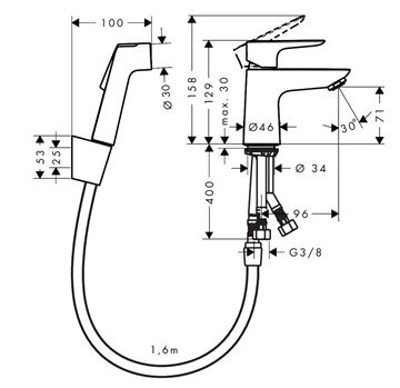 HANSGROHE TALIS E umyvadlová stojánková baterie, s odtokovou soupravou a bidetovou sprškou, EcoSmart, chrom 71729000 Technický nákres
