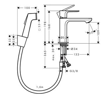 HANSGROHE REBRIS E umyvadlová stojánková baterie s bidetovou sprškou, EcoSmart, chrom 72216000 Technický nákres