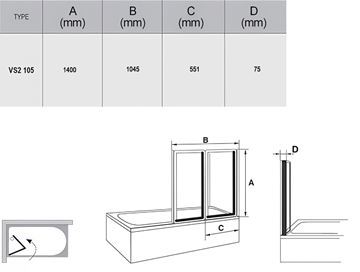 RAVAK VS2 105 vanová zástěna 105x140 cm, skládací, bílá/sklo transparent 796M0100Z1 Technický nákres