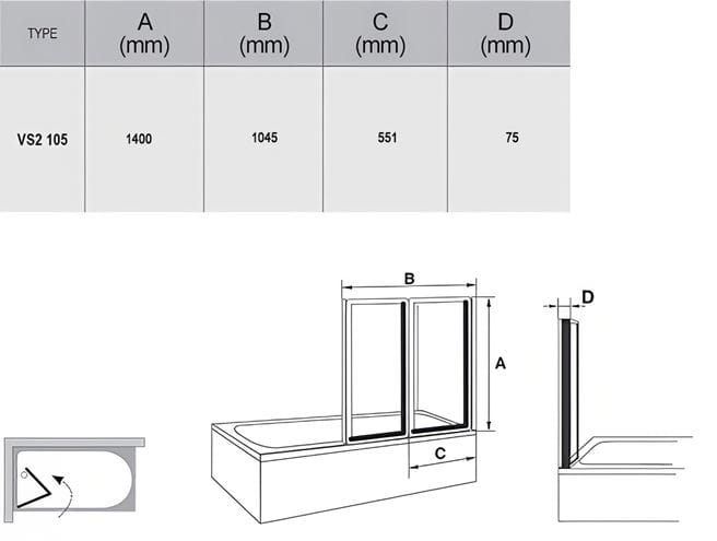 RAVAK VS2 105 vanová zástěna 105x140 cm, skládací, bílá/sklo transparent 796M0100Z1 Technický nákres