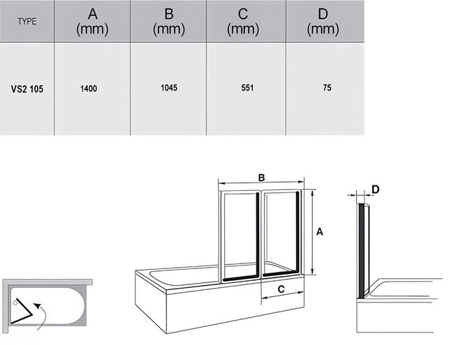 RAVAK VS2 105 vanová zástěna 105x140 cm, skládací, satin/sklo transparent 796M0U00Z1 Technický nákres