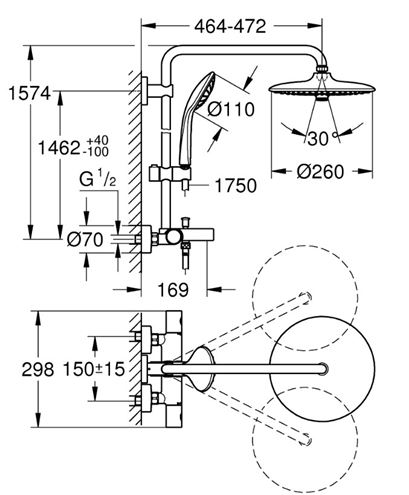 GROHE EUPHORIA SYSTEM 260 vanová termostatická baterie, s horní a ruční sprchou se 3 proudy, chrom 27475002 Technický nákres