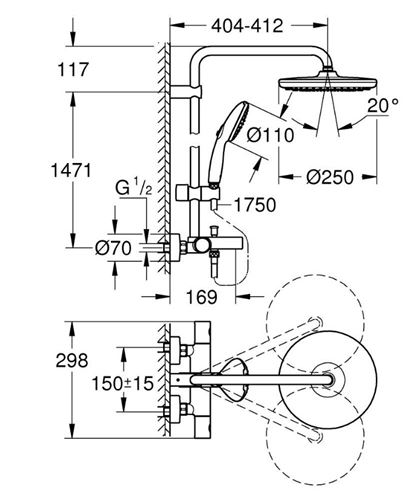 GROHE TEMPESTA SYSTEM 250 vanová termostatická baterie, s horní a ruční sprchou se 2 proudy, Water Saving, matná černá  266722431 Technický nákres