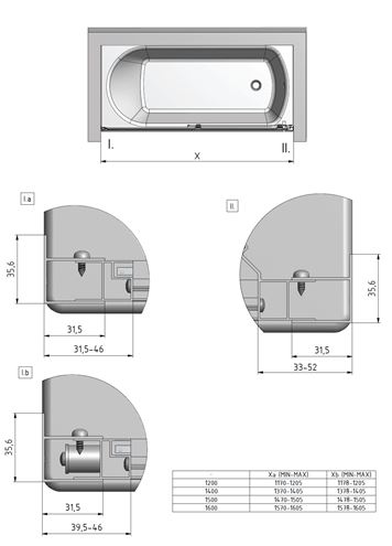 ROTH LEGA LLV2/1600 vanová zástěna 160x150 cm, posuvná, brillant/sklo transparent 572-1600000-00-02 Technický nákres