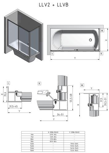 ROTH LEGA LLVB/700 boční stěna 70x150 cm, brillant/sklo transparent 573-7000000-00-02 Technický nákres