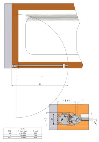 ROTH TOWER TV1/750 vanová zástěna 75x140 cm, lítací, stříbro/sklo transparent 706-7500000-01-02 Technický nákres