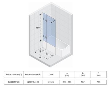 RIHO SCANDIC NXT 109V vanová zástěna 90x150 cm, skládací, levá, chrom/sklo transparent G001153120 Technický nákres