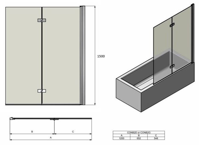 CONCEPT 200 CONB2 vanová zástěna 120x150 cm, pravá, skládací, chrom/čiré sklo CONB2D1205007 Technický nákres