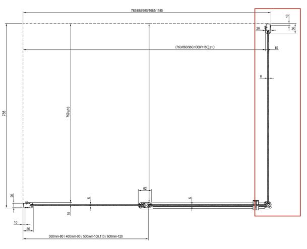 RAVAK CHROME CPS 80 boční stěna 80x195 cm, bright alu/čiré sklo 9QV40C00Z1 Technický nákres