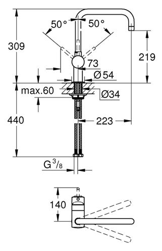 GROHE MINTA dřezová baterie, chrom 32488000 Technický nákres