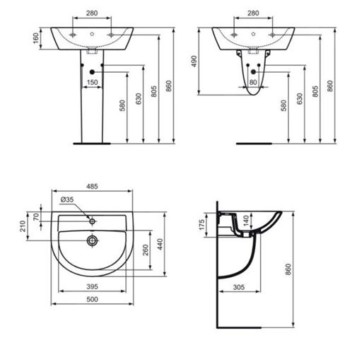 IDEAL STANDARD EUROVIT umývátko 50 cm, s otvorem pro baterii a přepadem W332801 Technický nákres