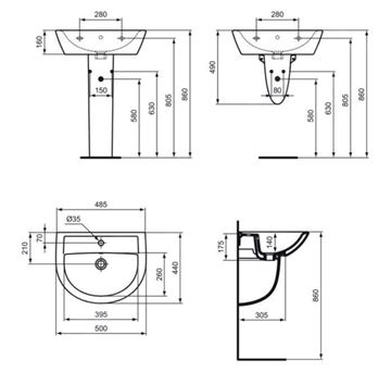 IDEAL STANDARD EUROVIT umývátko 50 cm, s otvorem pro baterii a přepadem W332801 Technický nákres