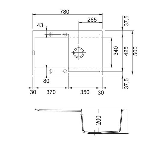 FRANKE MARIS MRG 611 fragranitový dřez 780x500 mm, otočný, odkapávač, bílá led 114.0284.832 Technický nákres