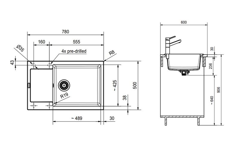 FRANKE MARIS MRG 611-78 BB fragranitový dřez 780x500 mm, otočný, odkapávač, bílá led 114.0363.186 Technický nákres