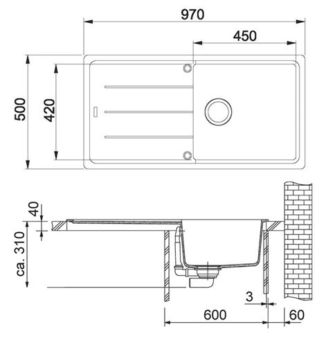 FRANKE BASIS BFG 611 fragranitový dřez 970x500 mm, otočný, odkapávač, pískový melír 114.0285.306 Technický nákres
