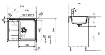 FRANKE BASIS BFG 611-62 fragranitový dřez 620x500 mm, otočný, odkapávač, matná černá 114.0661.420 Technický nákres