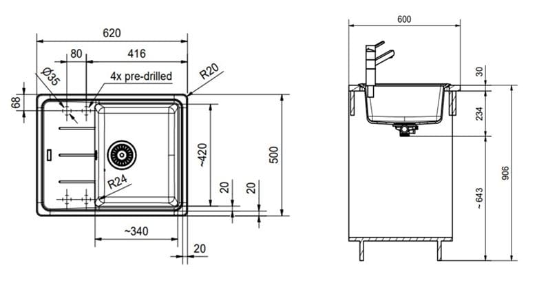 FRANKE BASIS BFG 611-62 fragranitový dřez 620x500 mm, otočný, odkapávač, onyx 114.0285.105 Technický nákres