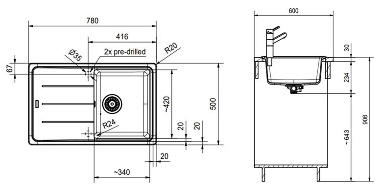 FRANKE BASIS BFG 611-78 fragranitový dřez 780x500 mm, otočný, odkapávač, bílá led 114.0285.168 Technický nákres