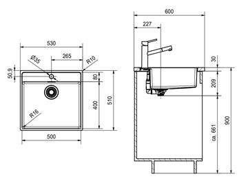 FRANKE MRX 210/610-50 TL nerezový dřez 530x510 mm, otvor pro baterii 127.0539.574 Technický nákres