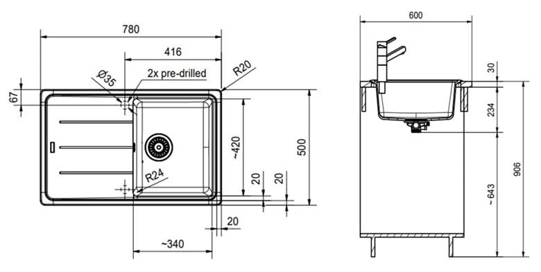 FRANKE BASIS BFG 611-78 fragranitový dřez 780x500 mm, otočný, odkapávač, pískový melír 114.0285.170 Technický nákres