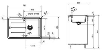 FRANKE BASIS BFG 611-78 fragranitový dřez 780x500 mm, otočný, odkapávač, pískový melír 114.0285.170 Technický nákres