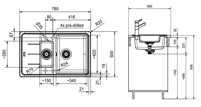 FRANKE BASIS BFG 651-78 fragranitový dřez 780x500 mm, otočný, vanička, odkapávač, šedý kámen 114.0285.224 Technický nákres