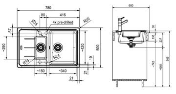 FRANKE BASIS BFG 651-78 fragranitový dřez 780x500 mm, otočný, vanička, odkapávač, šedý kámen 114.0285.224 Technický nákres