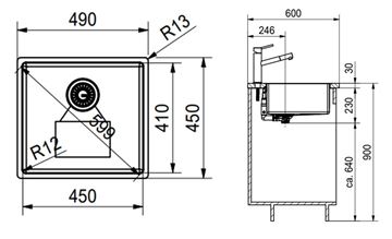 FRANKE BOX BXX 210/110-45 nerezový dřez 490x450 mm 127.0395.014 Technický nákres