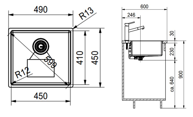 FRANKE BOX BXX 210/110-45 nerezový dřez 490x450 mm 127.0395.014 Technický nákres
