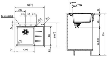 FRANKE CENTRO CNG 611-62TL/2 fragranitový dřez 620x500 mm, odkapávač vpravo, onyx 114.0637.503 Technický nákres