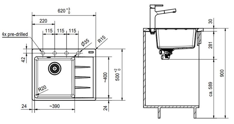 FRANKE CENTRO CNG 611-62TL/2 fragranitový dřez 620x500 mm, odkapávač vpravo, onyx 114.0637.503 Technický nákres