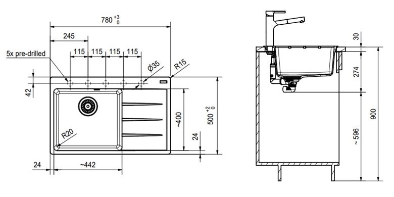 FRANKE CENTRO CNG 611-78 TL/2 fragranitový dřez 780x500 mm, odkapávač vpravo, matná černá 114.0637.513 Technický nákres