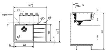 FRANKE CENTRO CNG 611-78 TL/2 fragranitový dřez 780x500 mm, odkapávač vpravo, matná černá 114.0637.513 Technický nákres