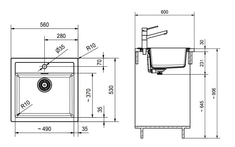 FRANKE SIRIUS SID 610 tectonitový dřez 560x530 mm, otvor pro baterii, černá 114.0264.011 Technický nákres