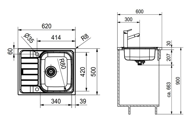 FRANKE SPARK SKN 611-62 nerezový dřez 620x500 mm, otočný, odkapávač 101.0712.159 Technický nákres