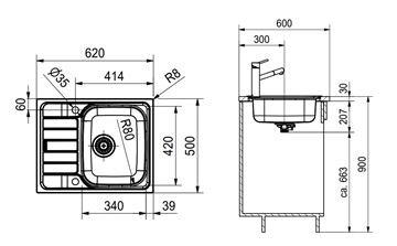 FRANKE SPARK SKN 611-62 nerezový dřez 620x500 mm, otočný, odkapávač 101.0712.159 Technický nákres