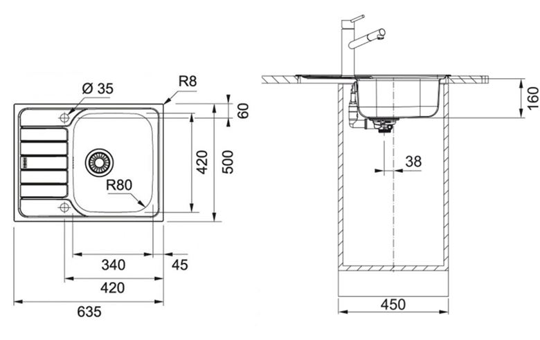 FRANKE SPARK SKN 611-63 nerezový dřez 635x500 mm, otočný, odkapávač 101.0612.524 Technický nákres