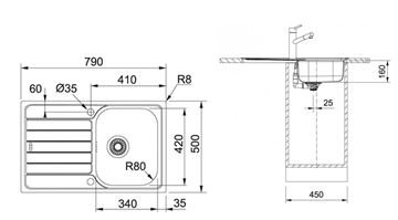 FRANKE SPARK SKN 611-79 nerezový dřez 790x500 mm, otočný, odkapávač 101.0612.525 Technický nákres