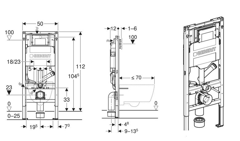 GEBERIT DUOFIX montážní prvek pro WC 112 cm, se splachovací nádržkou Sigma 12 cm 111.364.00.6 Technický nákres
