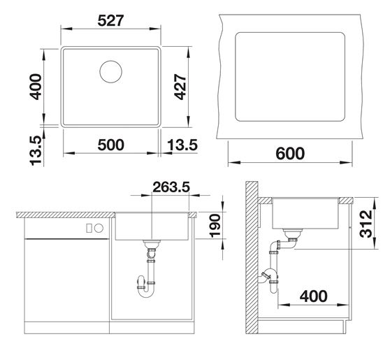 BLANCO SUBLINE 500 F granitový dřez 527x427 mm, černá 525994 Technický nákres