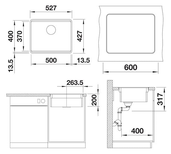 BLANCO ETAGON 500 F granitový dřez 527x427 mm, černá 526349 Technický nákres
