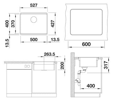 BLANCO ETAGON 500 F granitový dřez 527x427 mm, černá 526349 Technický nákres
