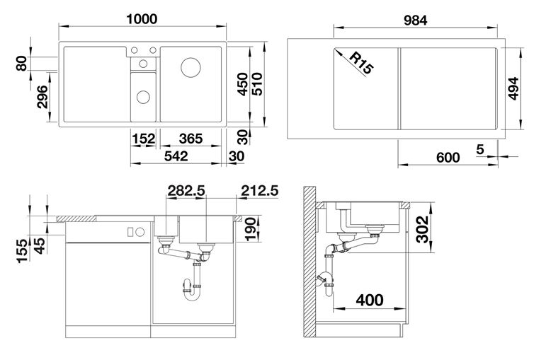 BLANCO COLLECTIS 6 S granitový dřez 1000x510 mm, 2 otvory, excentrické ovládání, vanička, odkapávač vlevo, černá  525866 Technický nákres