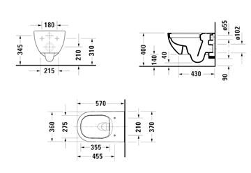 DURAVIT D-CODE závěsné WC, Rimless splachování 25140900002 Technický nákres