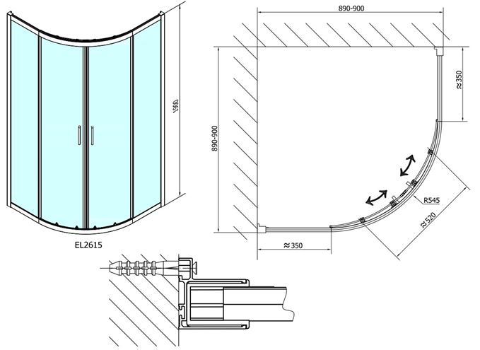 POLYSAN EASY LINE sprchový kout 90x90 cm, R550, posuvné dveře, leštěný hliník/sklo čiré EL2615 Technický nákres