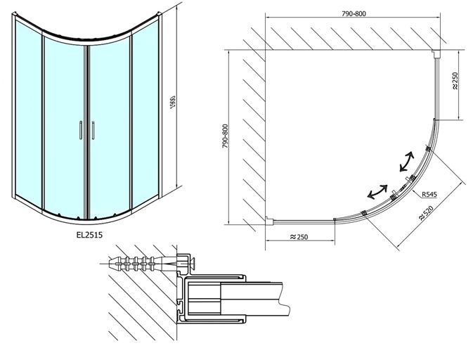 POLYSAN EASY LINE sprchový kout 80x80 cm, R550, posuvné dveře, leštěný hliník/sklo čiré EL2515 Technický nákres