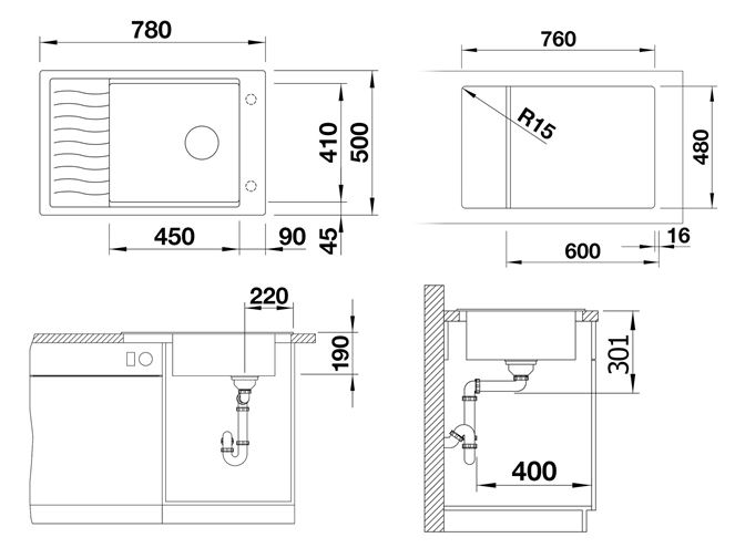 BLANCO ELON XL 6 S granitový dřez 780x500 mm, otočný, s odkapávací mřížkou, odkapávač, šedá skála 524845 Technický nákres