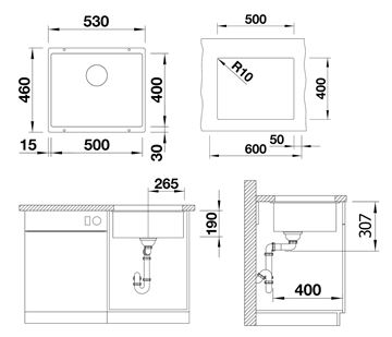 BLANCO SUBLINE 500 U granitový dřez 530x460 mm, černá 525995 Technický nákres
