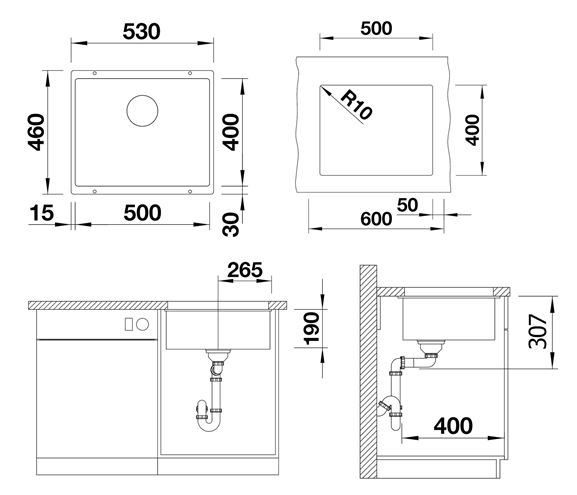 BLANCO SUBLINE 500 U granitový dřez 530x460 mm, černá 525995 Technický nákres