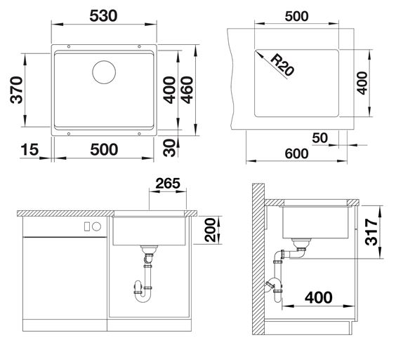 BLANCO ETAGON 500 U granitový dřez 530x460 mm, černá 525887 Technický nákres